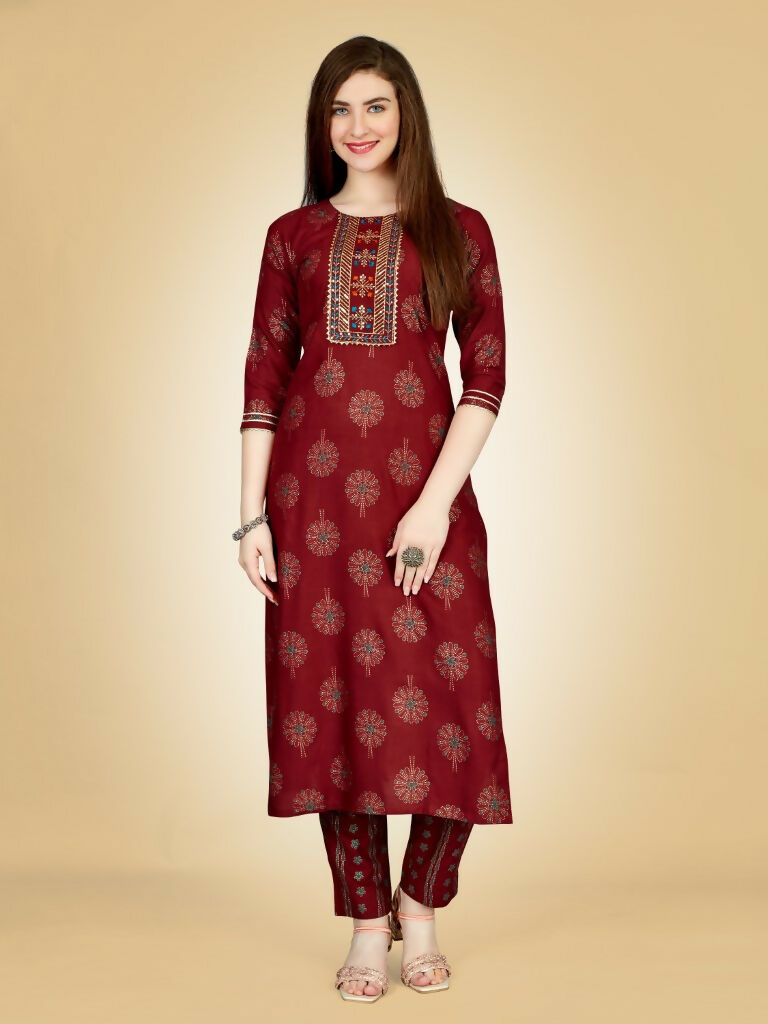 Jyoti Fashion Women's Maroon Viscose Rayon Embroidered Kurta Pant Set | Grocsy