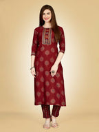Jyoti Fashion Women's Maroon Viscose Rayon Embroidered Kurta Pant Set | Grocsy