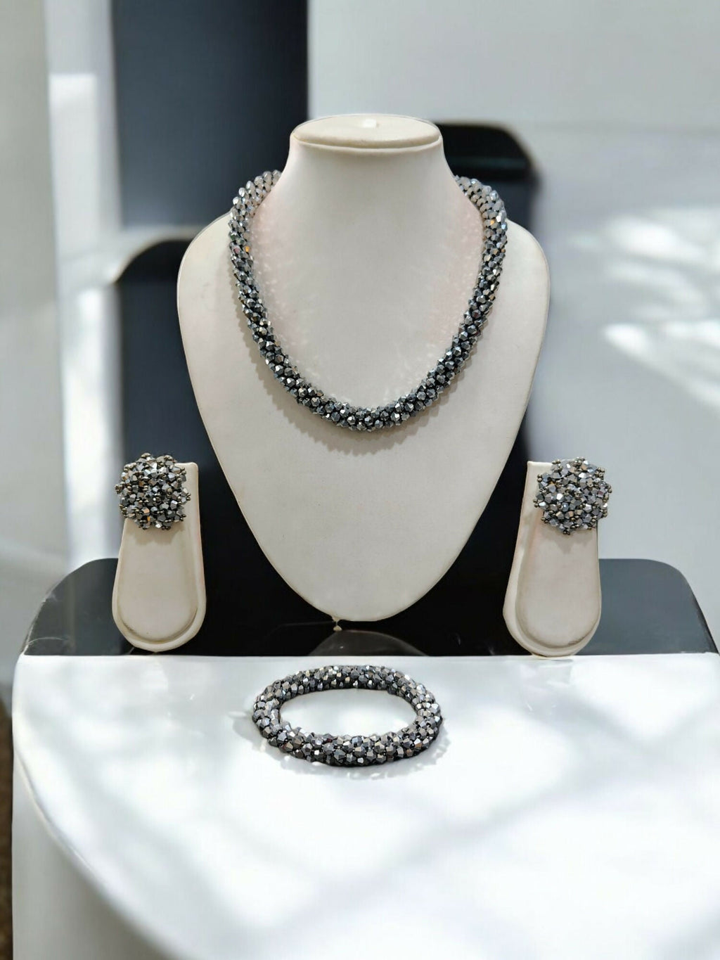 Inhanns Complete Look Crystal Statement 3-Piece Set (Adjustable Necklace + Earrings + Adjustable Bangle ) - Silver | Grocsy