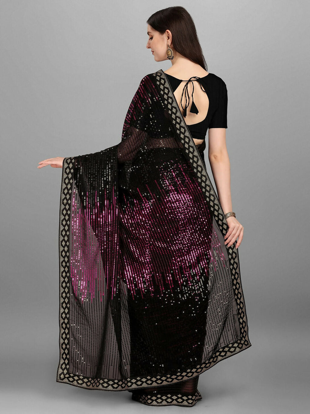 Vegaa Fashion Black Georgette Embroidered Party Wear Saree | Grocsy
