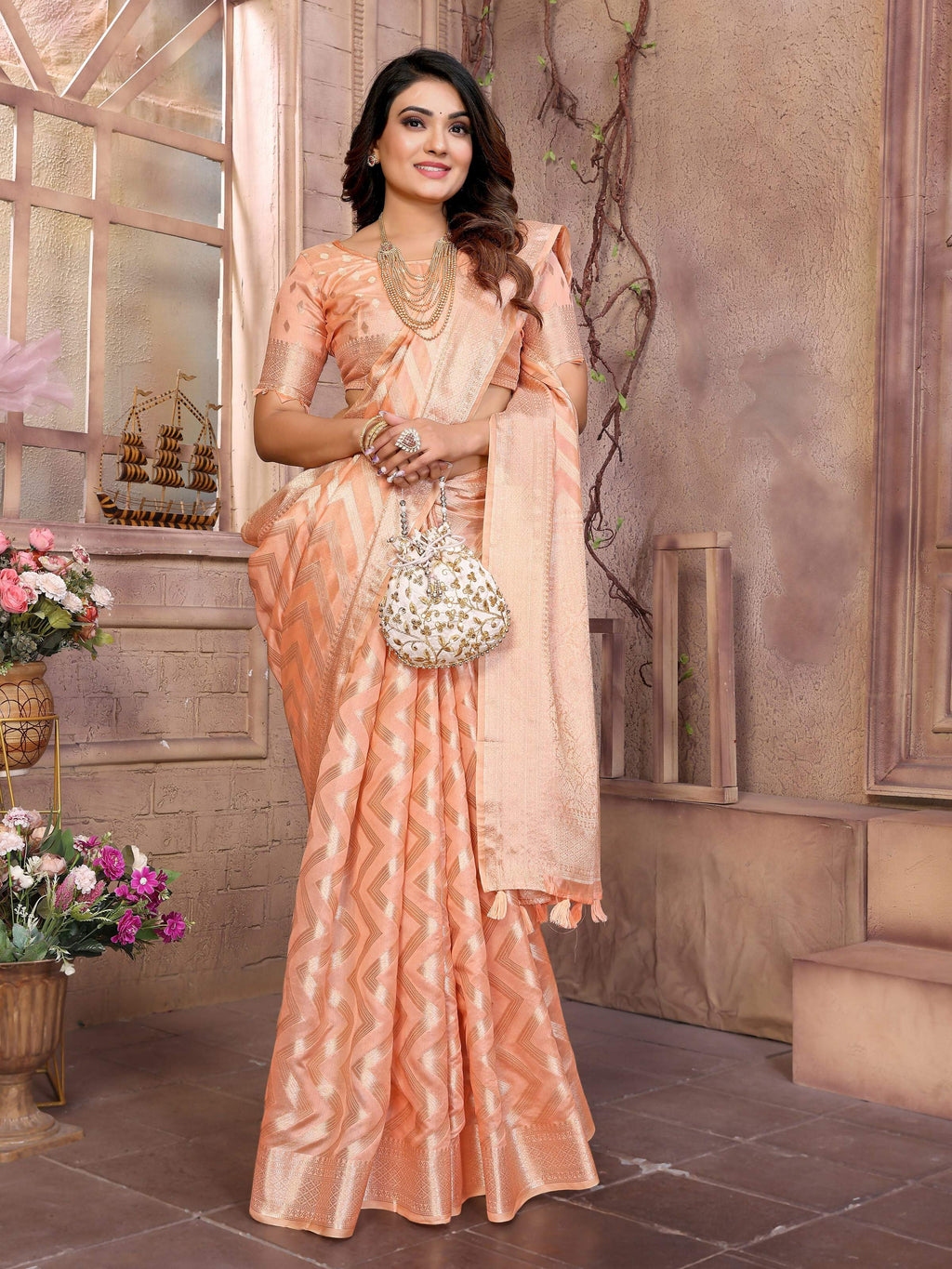 Aastha Fashion Peach Soft Organza Silk Weaving Saree | Grocsy