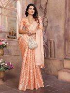 Aastha Fashion Peach Soft Organza Silk Weaving Saree | Grocsy