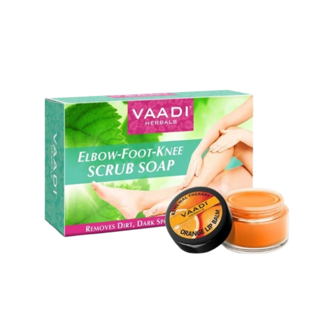 Vaadi Herbals Elbow Foot Knee Scrub Soap & Orange Lip Balm Combo | Grocsy