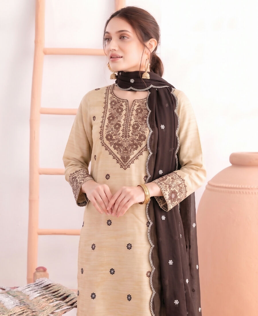 KC Khadi Cotton White Suit With Brown Dupatta 3 Piece Pair For Women | Grocsy