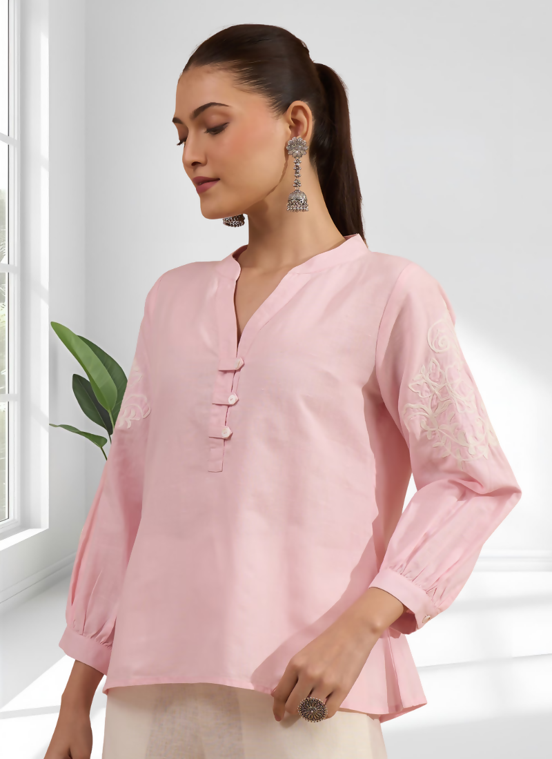 Joban Fashion Pink Cotton, Linen Embroidered Readymade Tunic | Grocsy