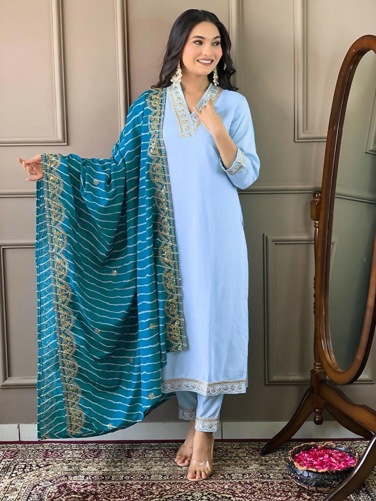 Partywear Designer Viscose Silk Blend Sky Stitched Suit With Dupatta - Tanisha | Grocsy