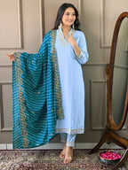 Partywear Designer Viscose Silk Blend Sky Stitched Suit With Dupatta - Tanisha | Grocsy