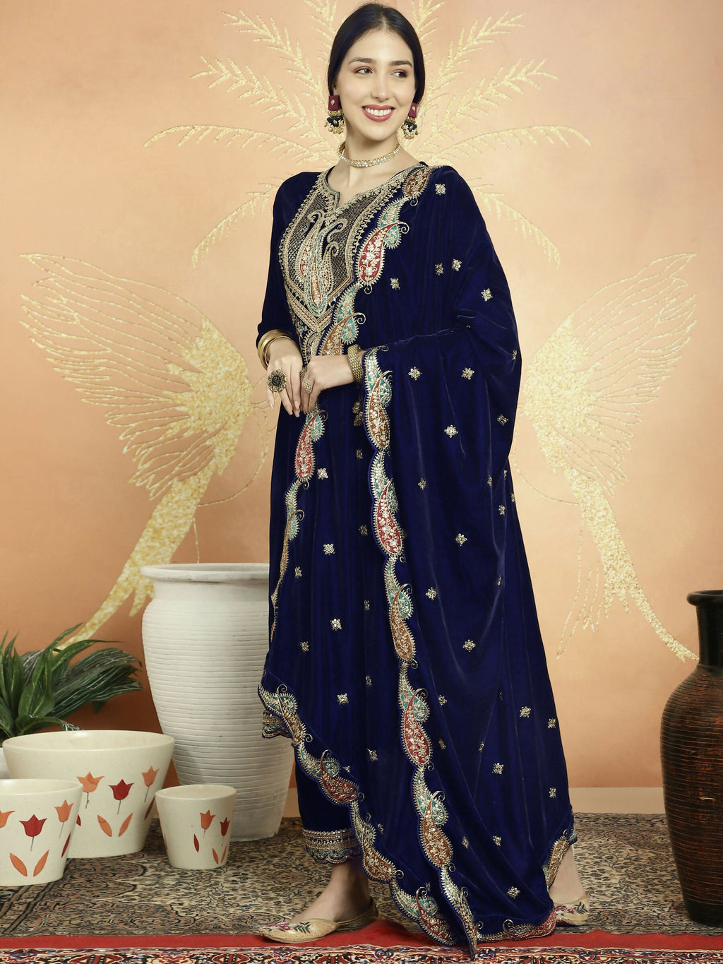 Jyoti Fashion Women's Navy Blue Velvet Cording with Resham Thread & Sequin Kurta with Trouser & Dupatta | Grocsy
