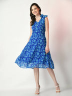 Myshka Women's Blue Fit and Flare Printed Dress | Grocsy