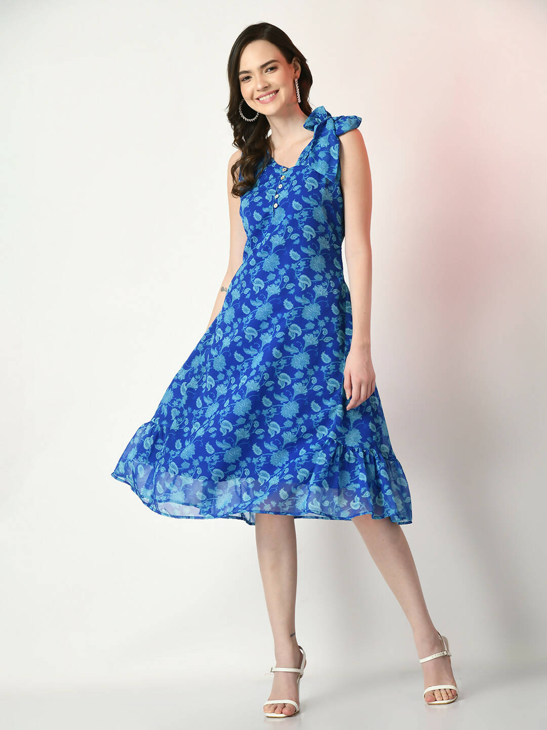 Myshka Women's Blue Fit and Flare Printed Dress | Grocsy