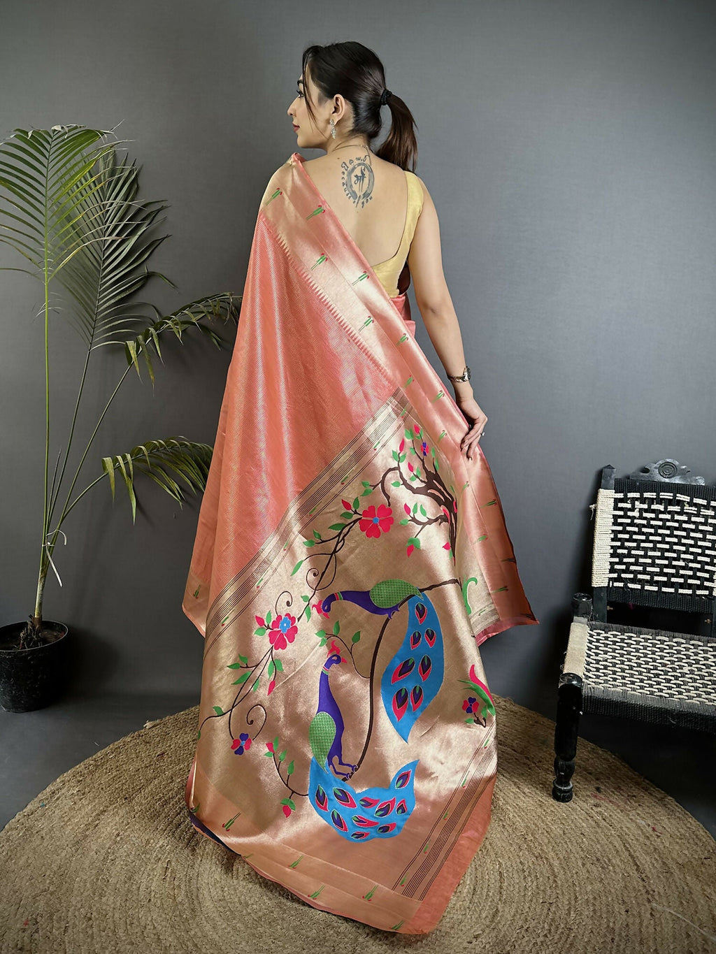Joban Fashion Light Orange Peacock & Floral Motifs Tissue Paithani Saree | Grocsy