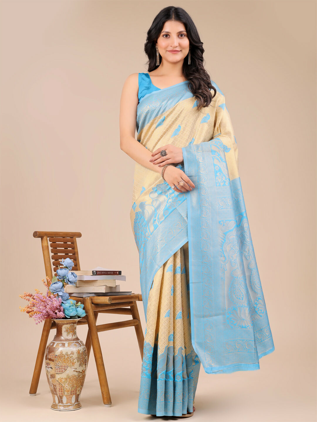 Shree Shyam Fashion Banarasi Silk Cream & Sky Blue Saree | Grocsy