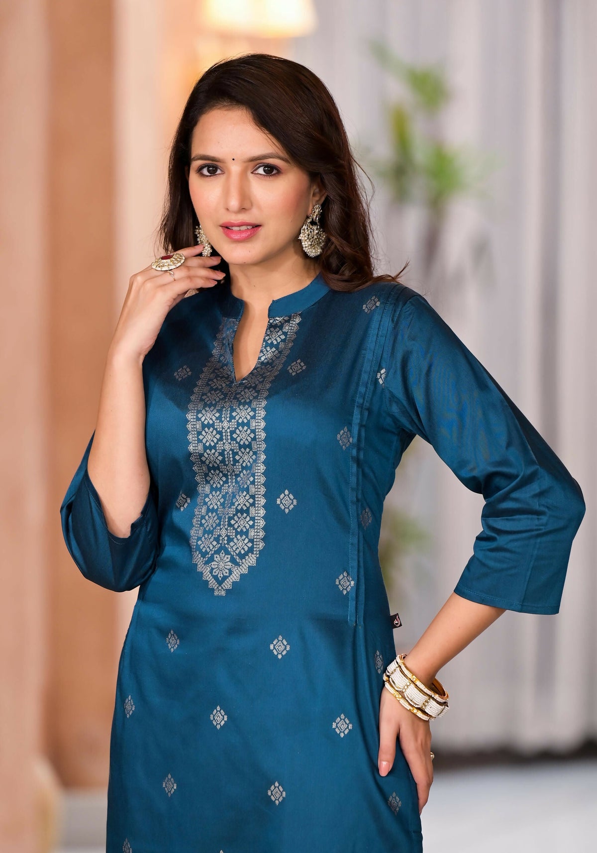 Juniper Women's Teal Ethnic Motif Printed Cotton Kurta & Pant Set | Grocsy