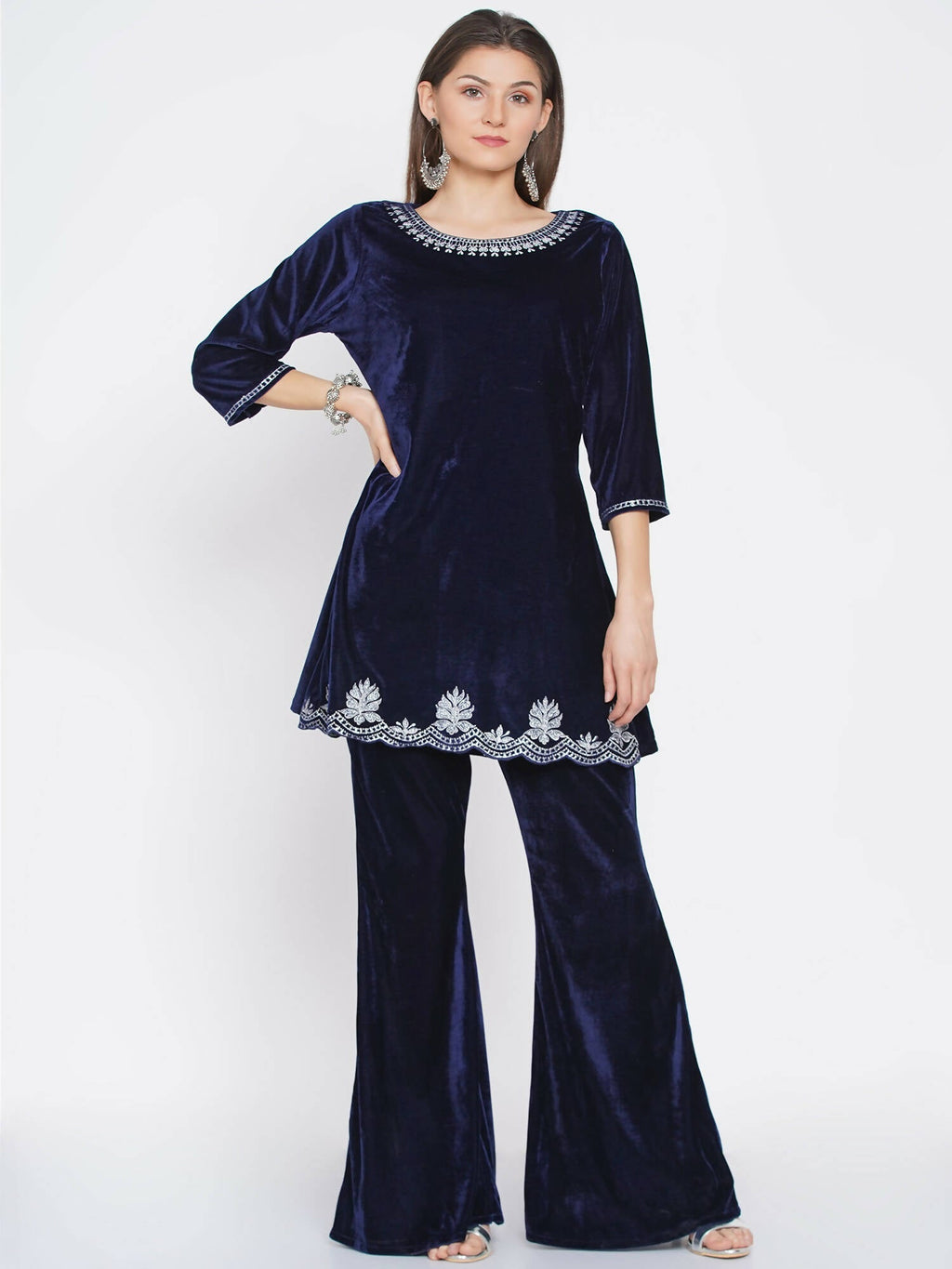 Women Republic Navy Blue Velvet Embroidered Kurta With Bellbottom Pants | Grocsy