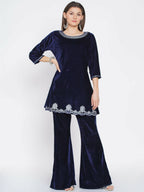 Women Republic Navy Blue Velvet Embroidered Kurta With Bellbottom Pants | Grocsy