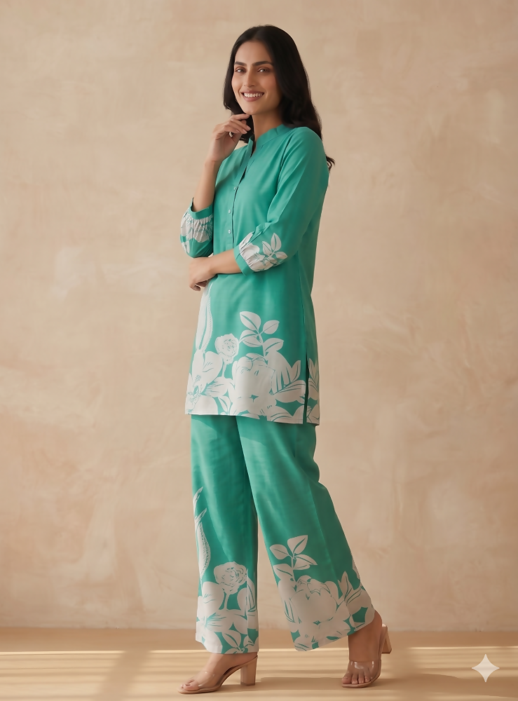 Teeya Creation Stylish Teal Casual Co-ord Set with Floral Print | Grocsy