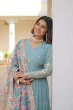 Jyoti Fashion Women's Sky Blue Faux Georgette Sequins Zari Embroideredy Anarkali Dress with Dupatta | Grocsy