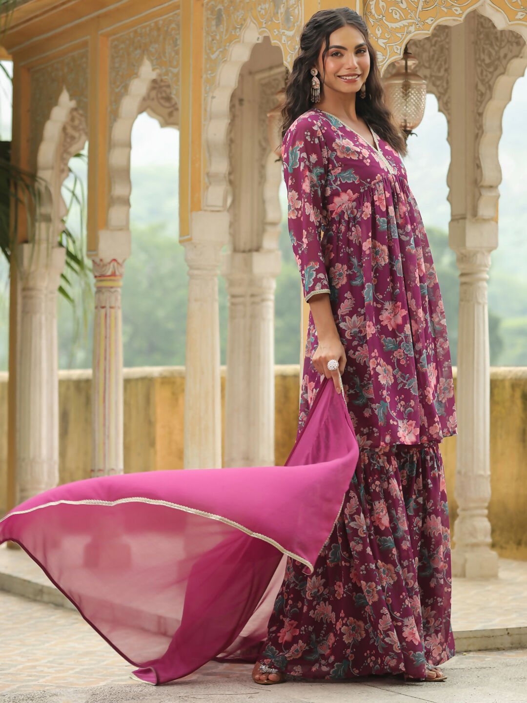 Janasya Purple Georgette Floral Kurta,Bottom & Dupatta | Grocsy