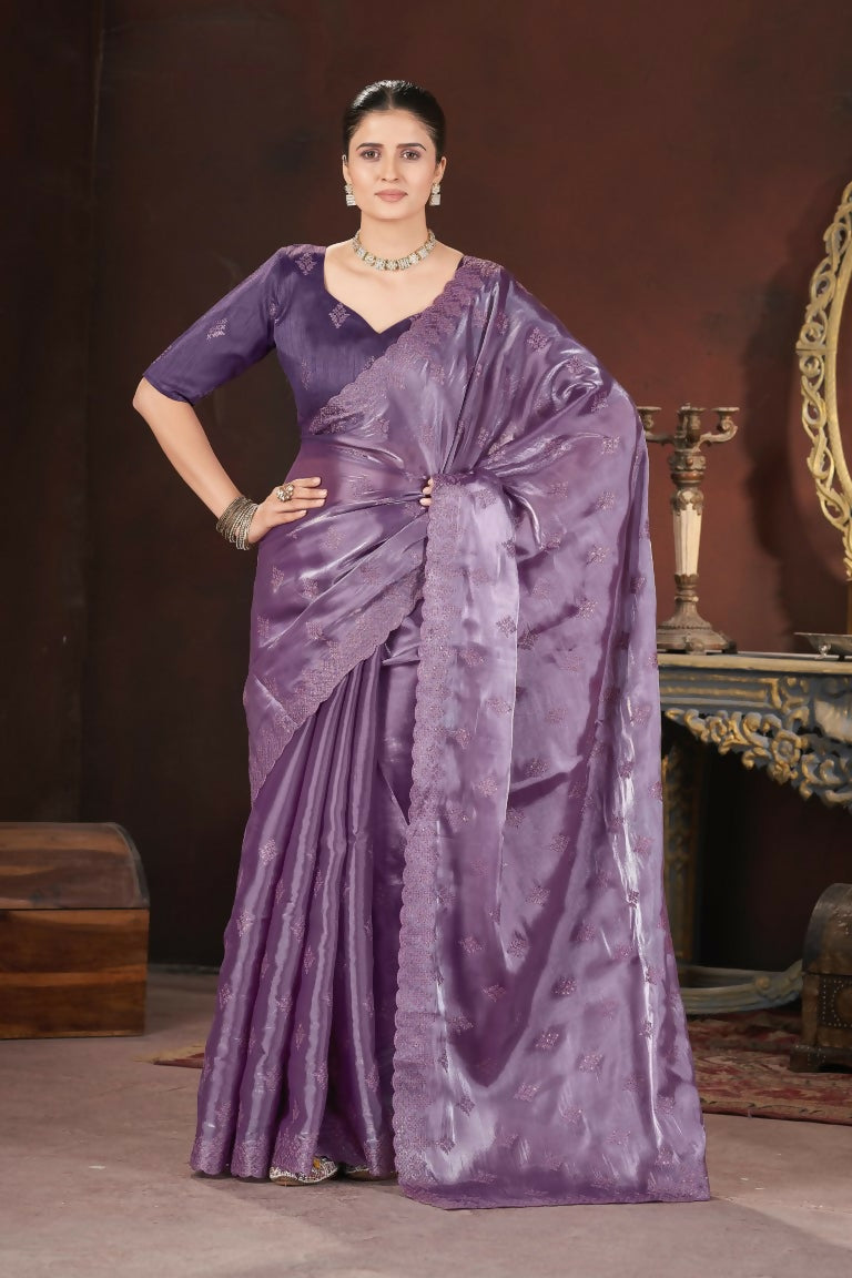 Vastranavya Lavender Jimmy Choo Silk 3mm Sequence work with Cross Stitch Embroidery work & Cutwork Border Saree | Grocsy
