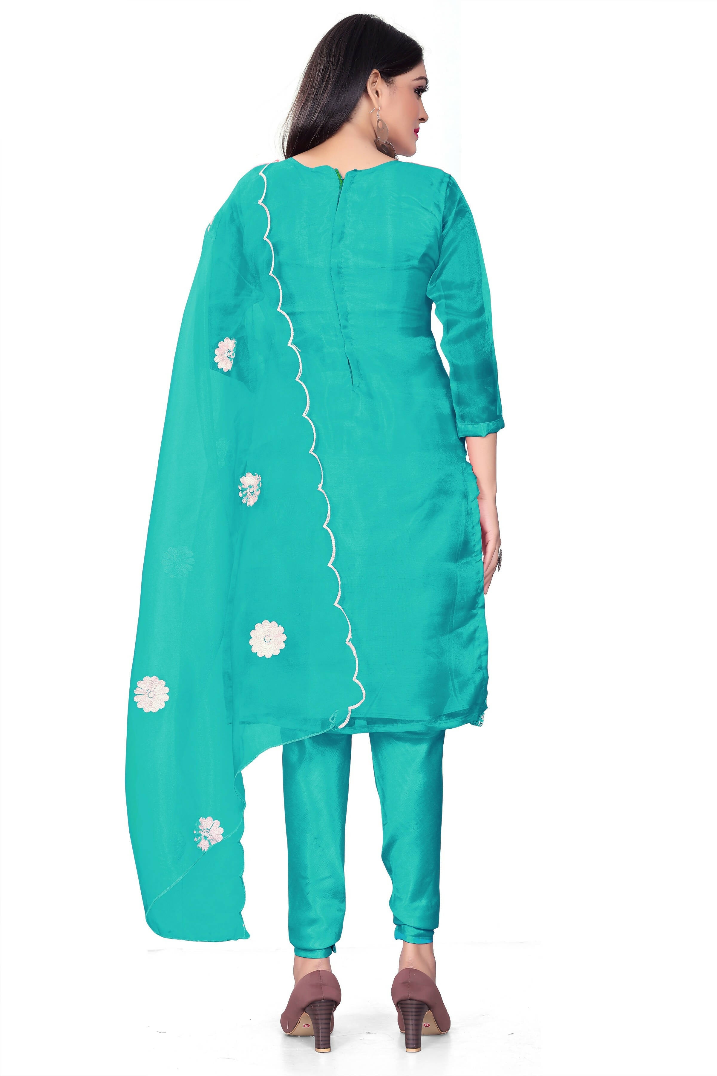 Sea Green Organza Silk Embroidered Work Unstitched Dress Material - Tanvi | Grocsy