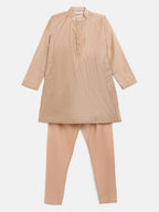 Ahalyaa Boys Beige Poly Silk Gold Printed Kids Kurta Churidar Set | Grocsy