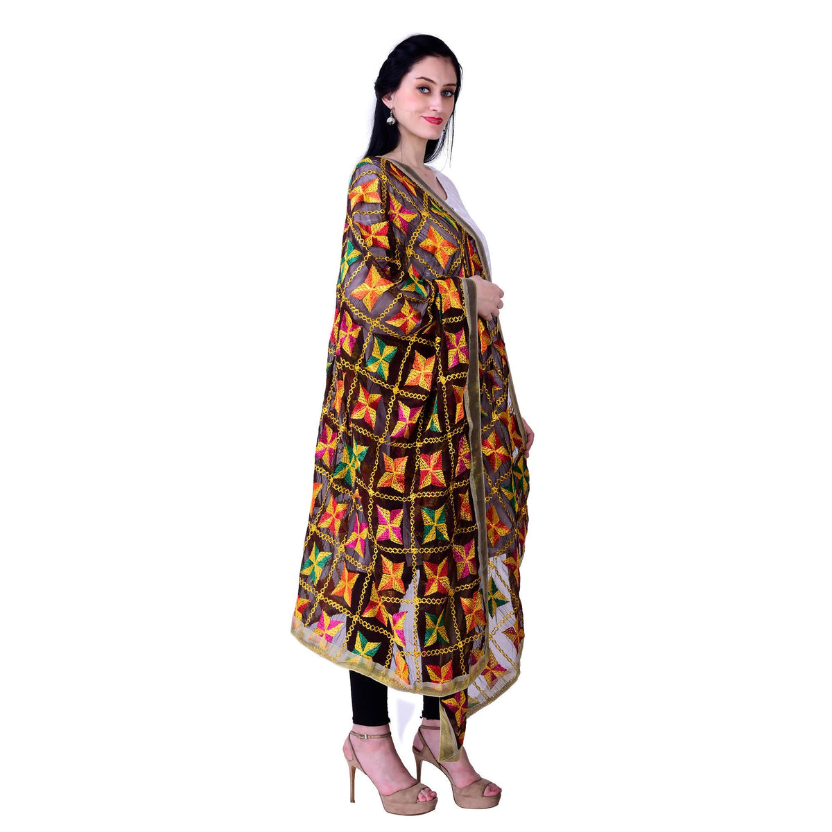 SWI Stylish Embroidered Phulkari Chiffon Coffee Color Dupatta | Grocsy