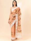 Peach Organza Floral Embroidered Saree with Unstitched Blouse Piece - Roozal | Grocsy