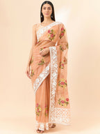 Peach Organza Floral Embroidered Saree with Unstitched Blouse Piece - Roozal | Grocsy