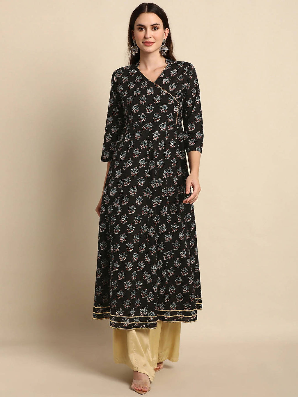 Janasya Women Black Ethnic Motif Printed Gotta Patti Anarkali Kurta | Grocsy