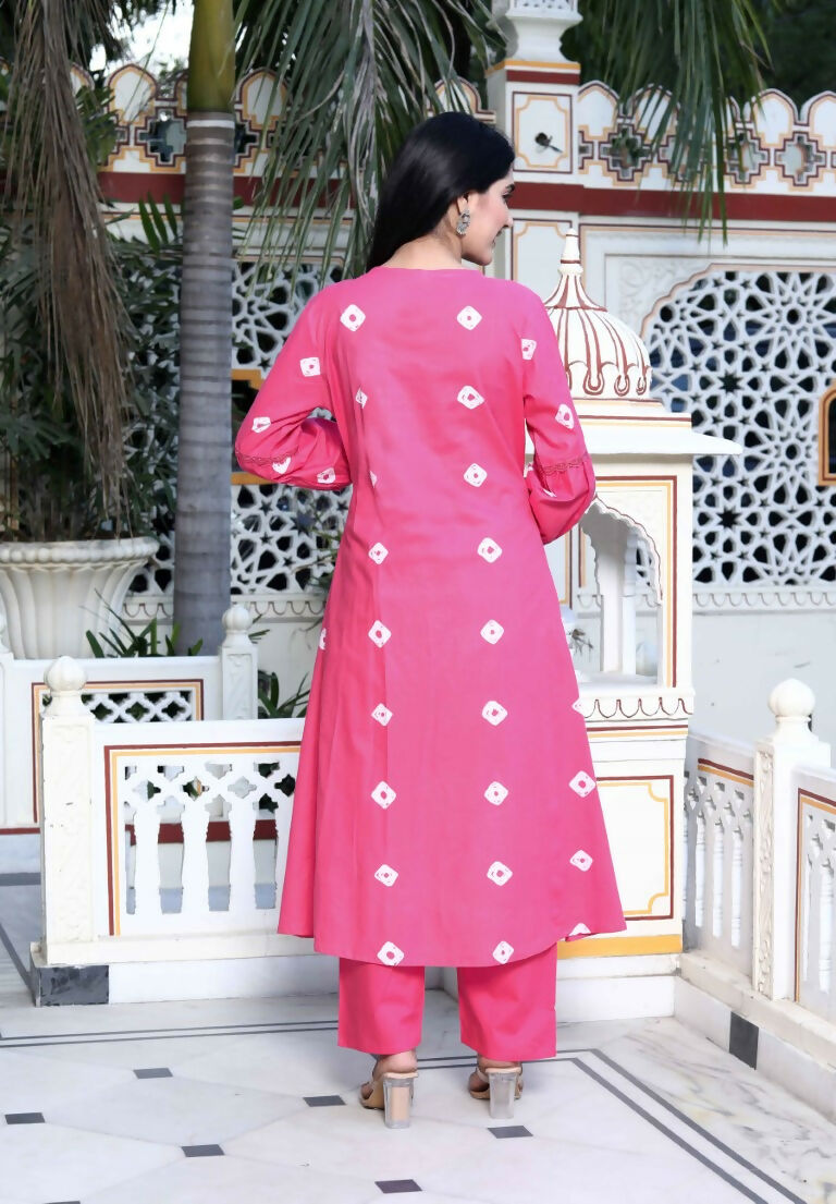 Miravan Women's Jaipuri Moti And Chikan Embroidered & Lace Embellished Pink Bandhani Printed Palazzo Set | Grocsy