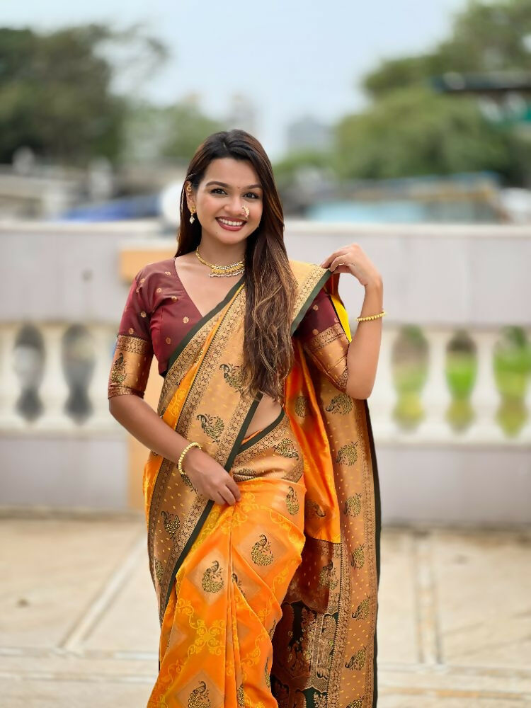 PR Fashion Mustard Orange Soft Banarasi Silk With Zari Weaving Meenakari Design Saree | Grocsy
