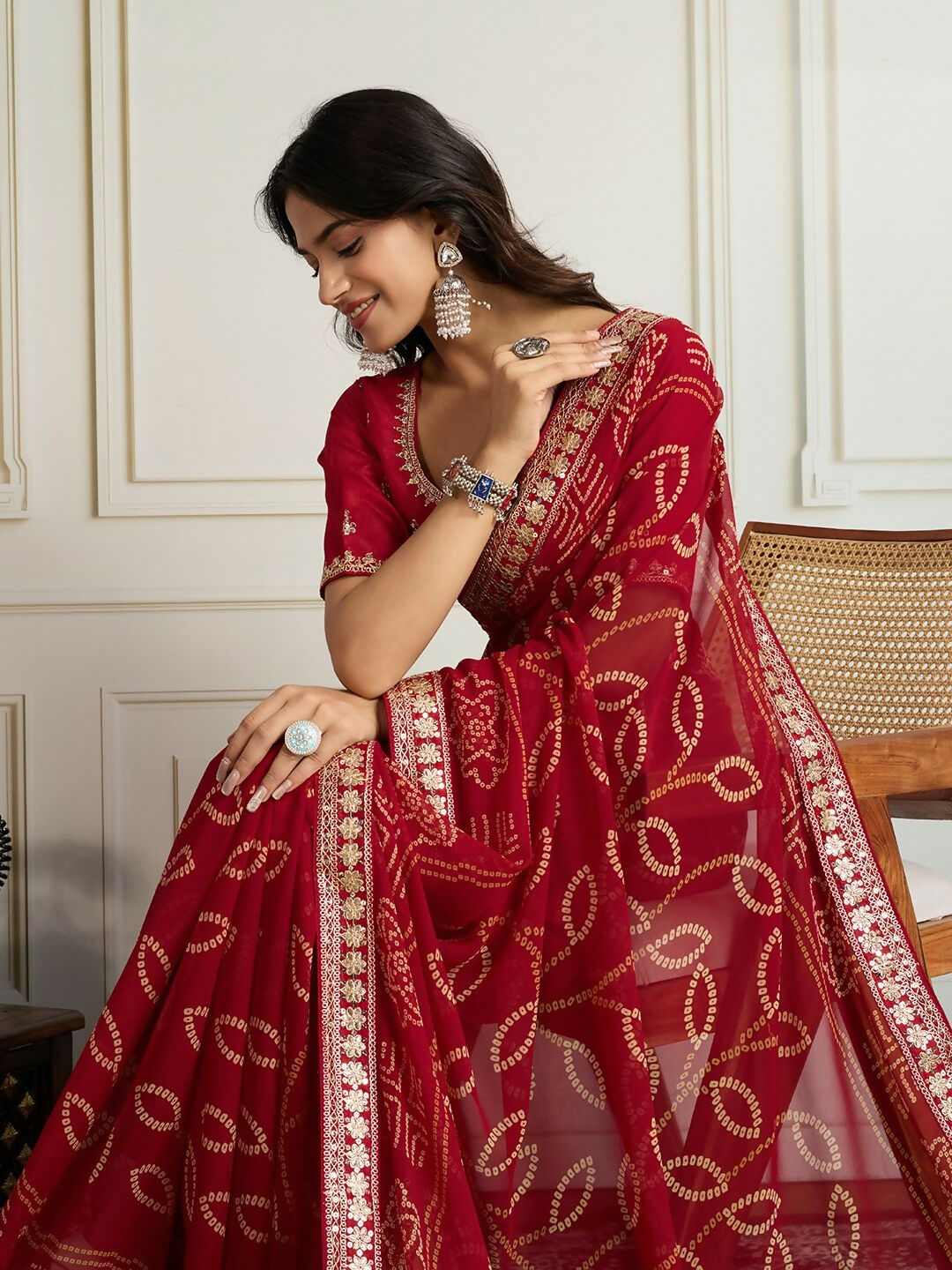 Ai Fashion Red Georgette Rajwadi Bandhani Print Party Wear Saree | Grocsy