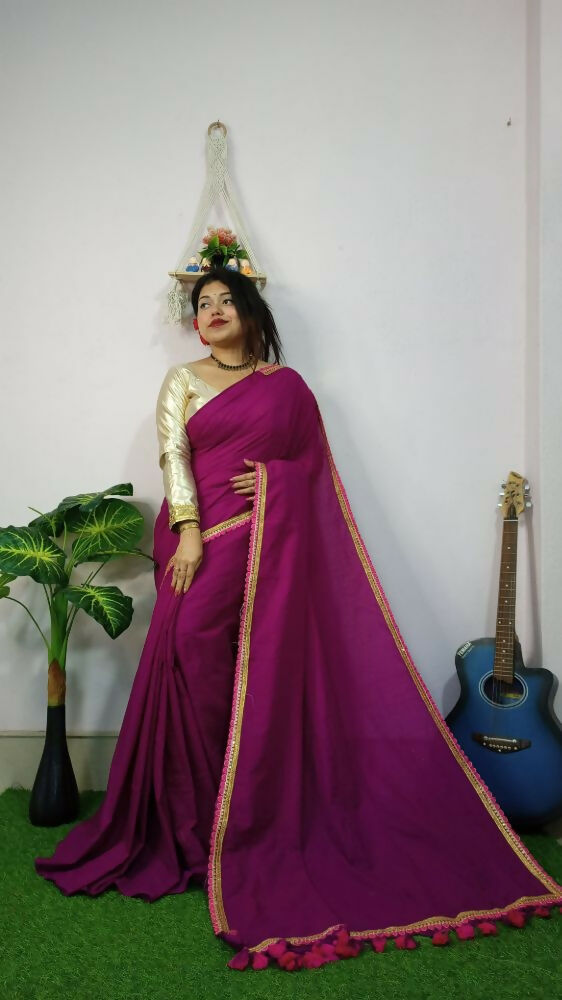 Exclusive Collection Beautiful Khadi Cotton Handloom Saree With Beautiful Zari Border - Purple | Grocsy