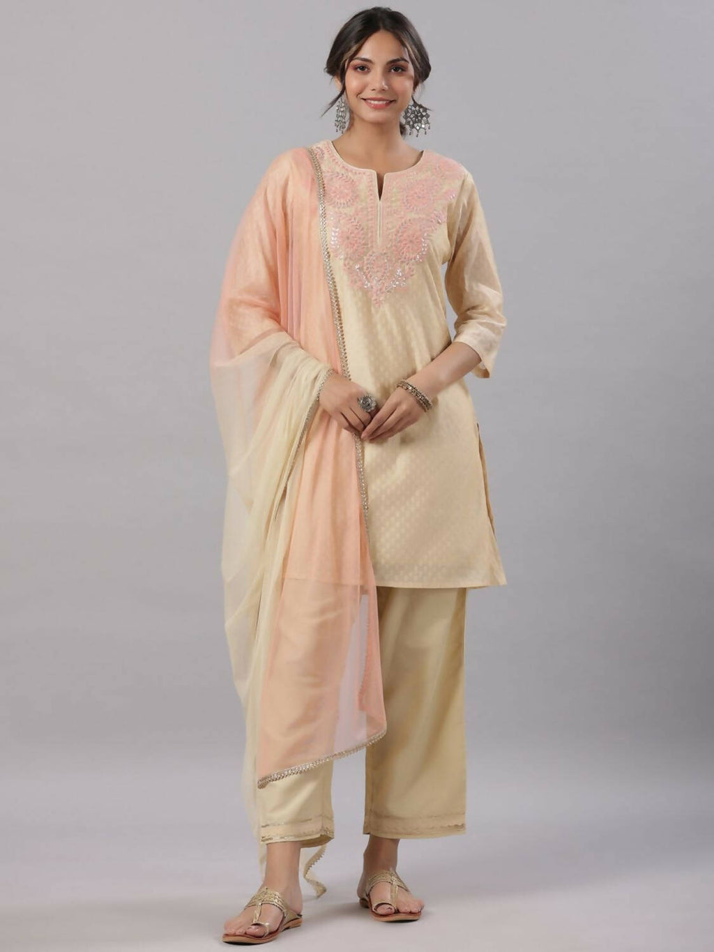Juniper Women Gold Modal Chanderi Embroidered Kurta, Pants and Dupatta Set | Grocsy