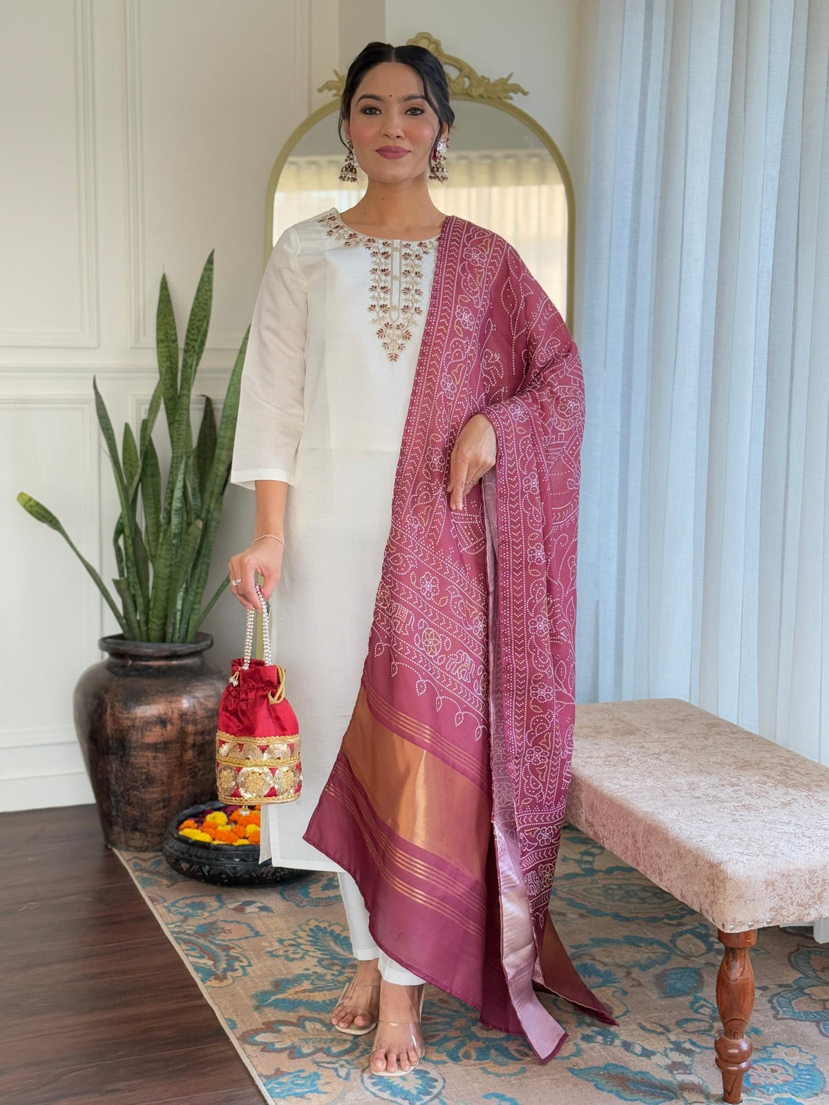 The52 Women's Roman Silk Embroidered Straight Kurta, Pant and Dupatta Set | Grocsy