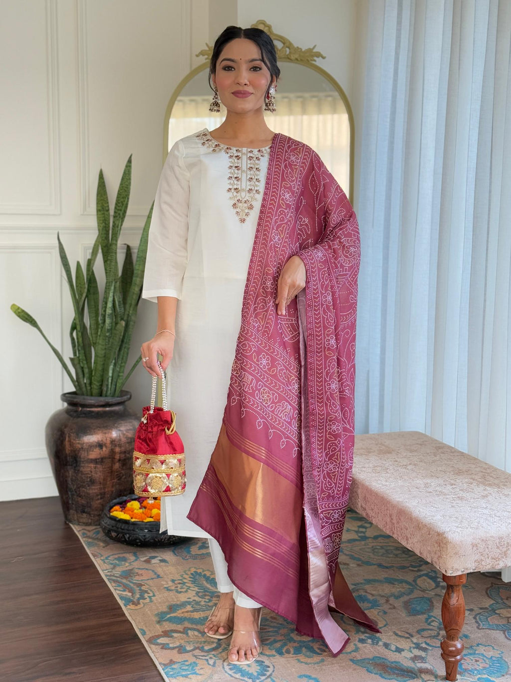 The52 Women's Roman Silk Embroidered Straight Kurta, Pant and Dupatta Set | Grocsy