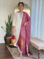 The52 Women's Roman Silk Embroidered Straight Kurta, Pant and Dupatta Set | Grocsy