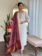 The52 Women's Roman Silk Embroidered Straight Kurta, Pant and Dupatta Set | Grocsy