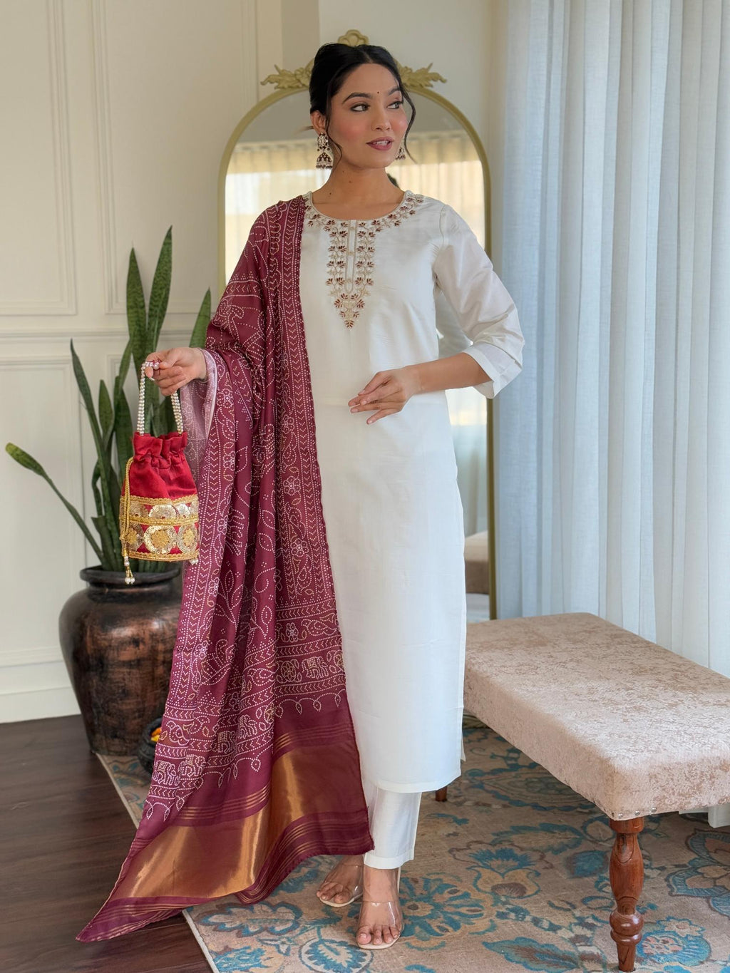 The52 Women's Roman Silk Embroidered Straight Kurta, Pant and Dupatta Set | Grocsy