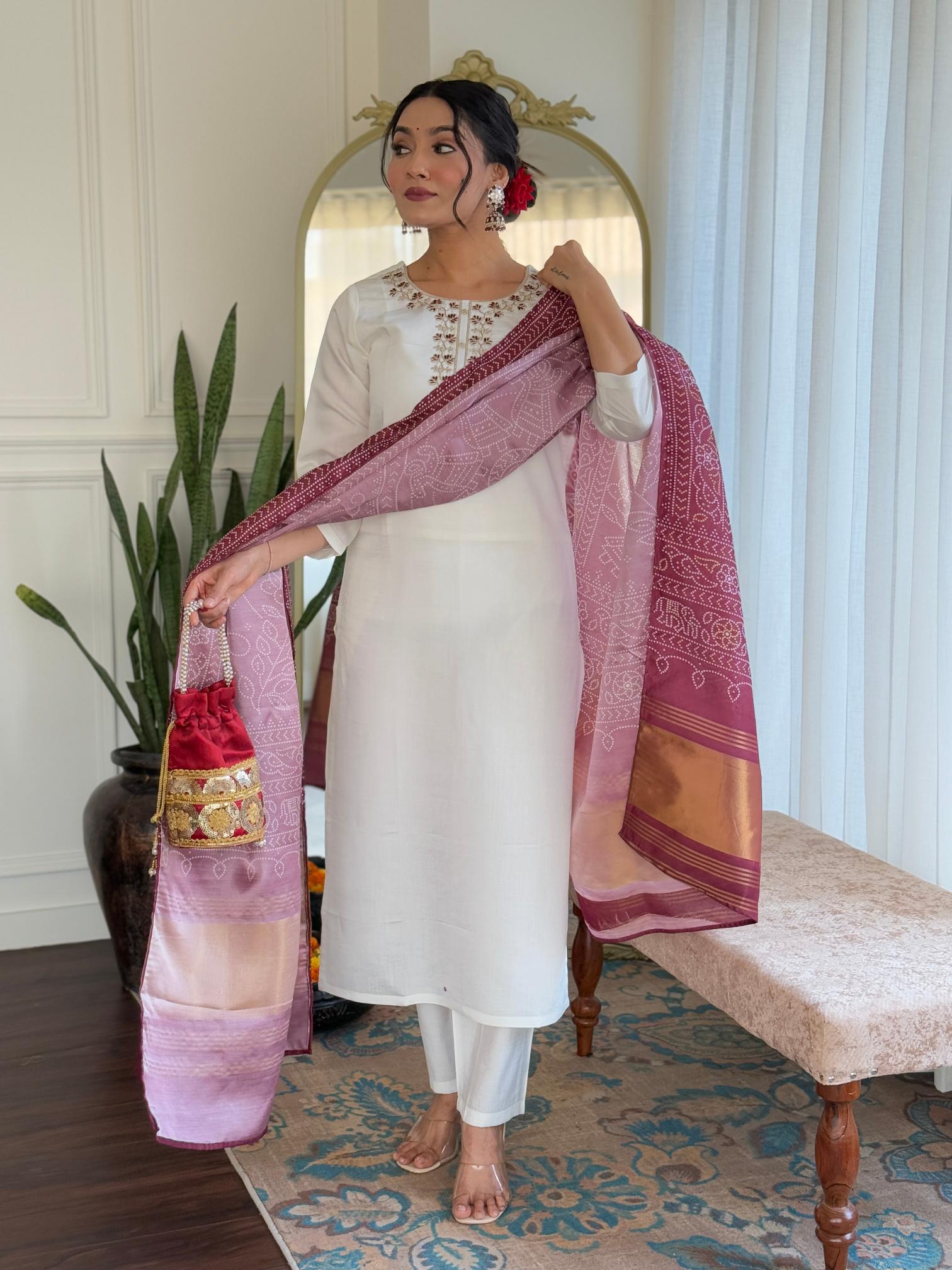 The52 Women's Roman Silk Embroidered Straight Kurta, Pant and Dupatta Set | Grocsy