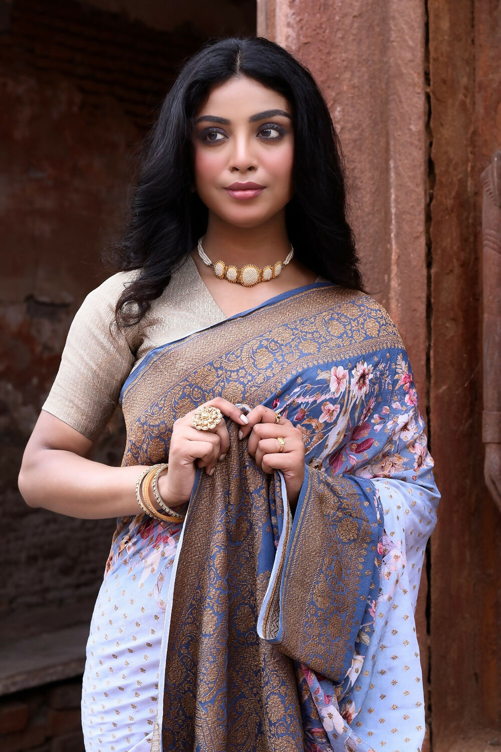 Joban Fashion Dusty Blue Crepe Chiffon Pure Handloom Banarasi Silk Saree | Grocsy