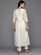 Ahalyaa Women Printed Pleated Kurta with Trousers - Off White Color | Grocsy