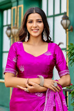 Vastranavya Pink Embroidery Work Shimmer Chiffon Saree with Unstitched Blouse | Grocsy