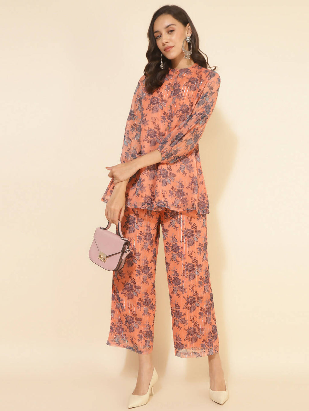 Janasya Women's Peach Chiffon Lurex Floral Printed Festive Regular Co-ords | Grocsy