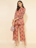 Janasya Women's Peach Chiffon Lurex Floral Printed Festive Regular Co-ords | Grocsy