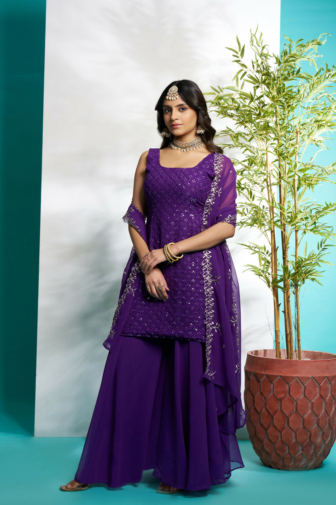 Aayaa Designer Faux Gorgette Embroidery Zari Sequins Thread work Full Flaired plazzo Suit with Dupatta - Purple | Grocsy