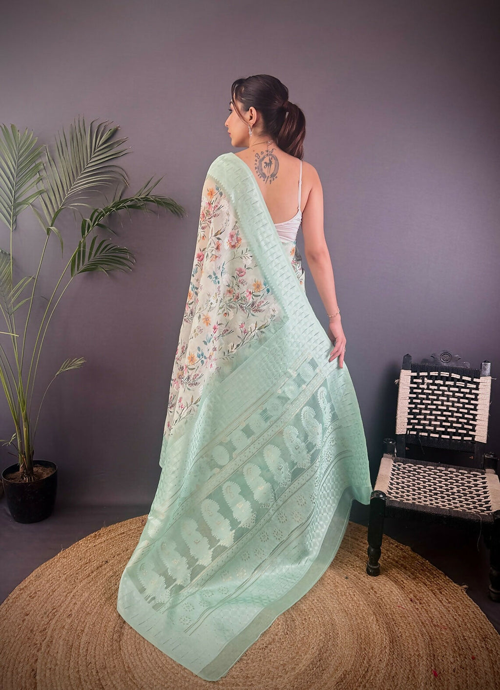 Joban Fashion Cyan Blue Floral Motifs Banarasi Silk Sarees | Grocsy
