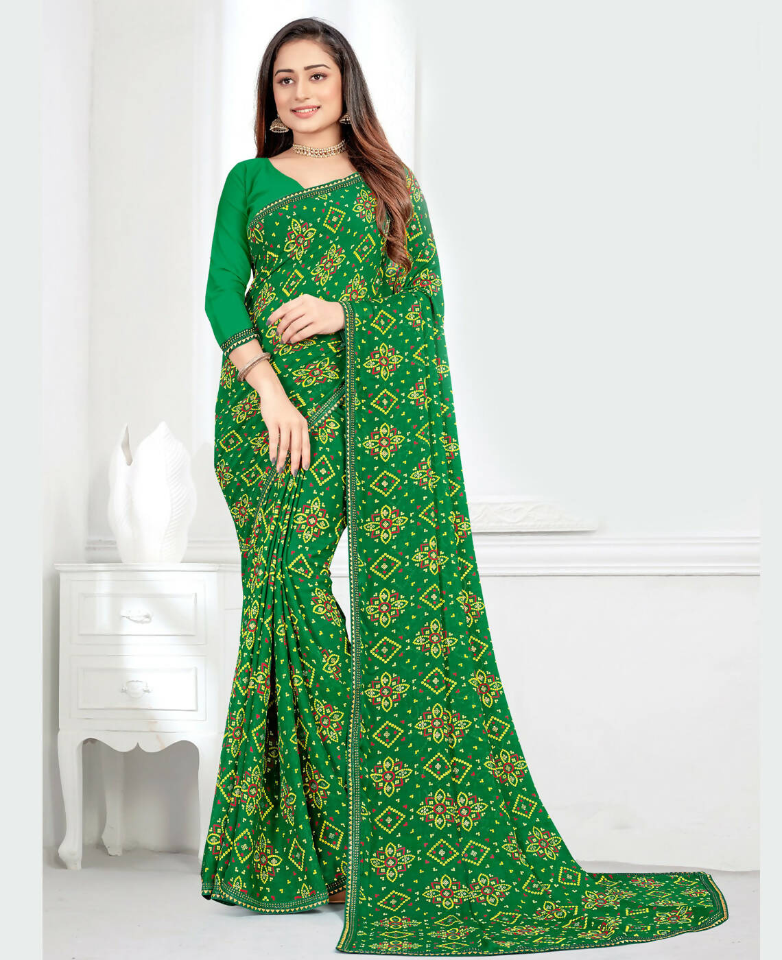 Green Georgette Bandhani Printed Saree With Unstitched Blouse Piece - Jyoti | Grocsy