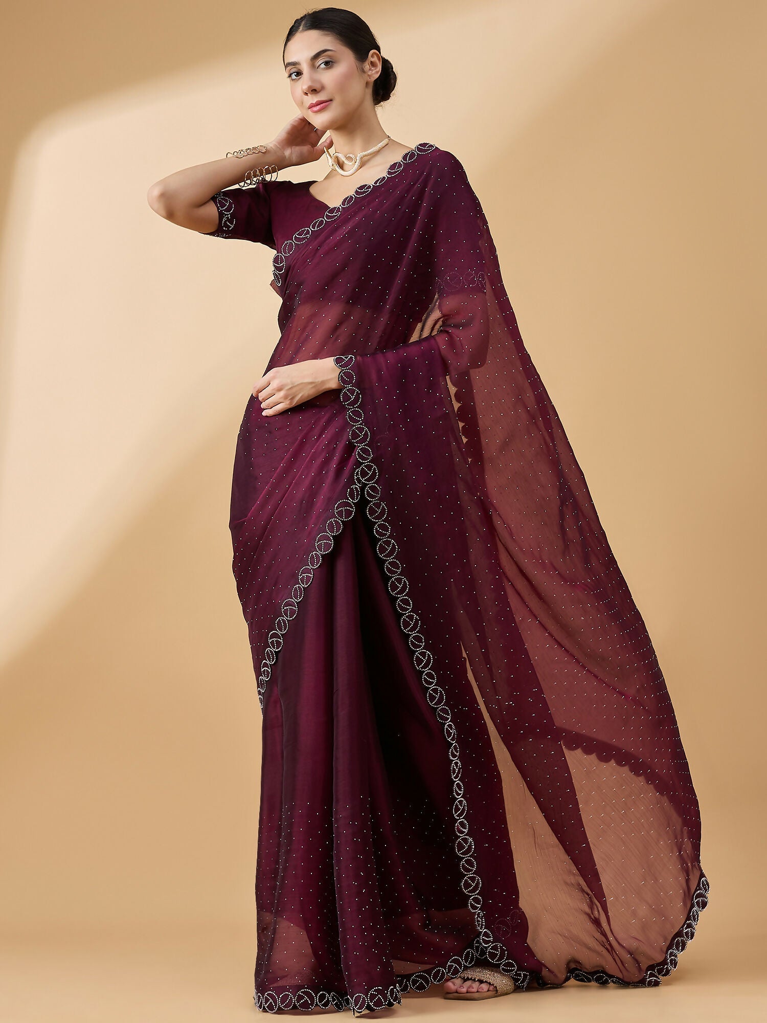 Purple Organza Swaroski Diamond Work Saree with Unstitched Blouse - Radha | Grocsy