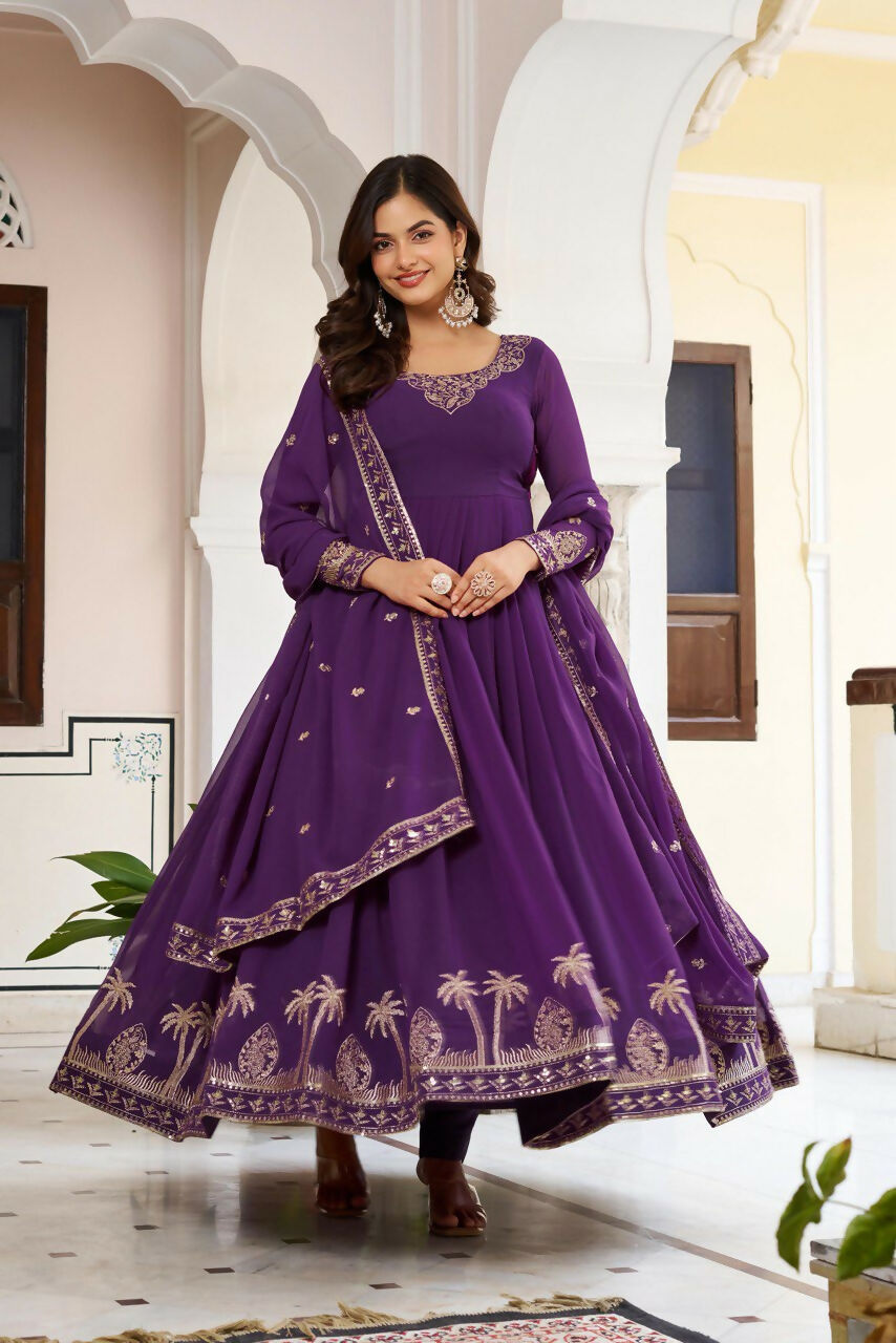 The52 Women's Gorgeous Faux Georgette Fabric Embroidery Work Flared Anarkali Pant and Dupatta Set | Grocsy